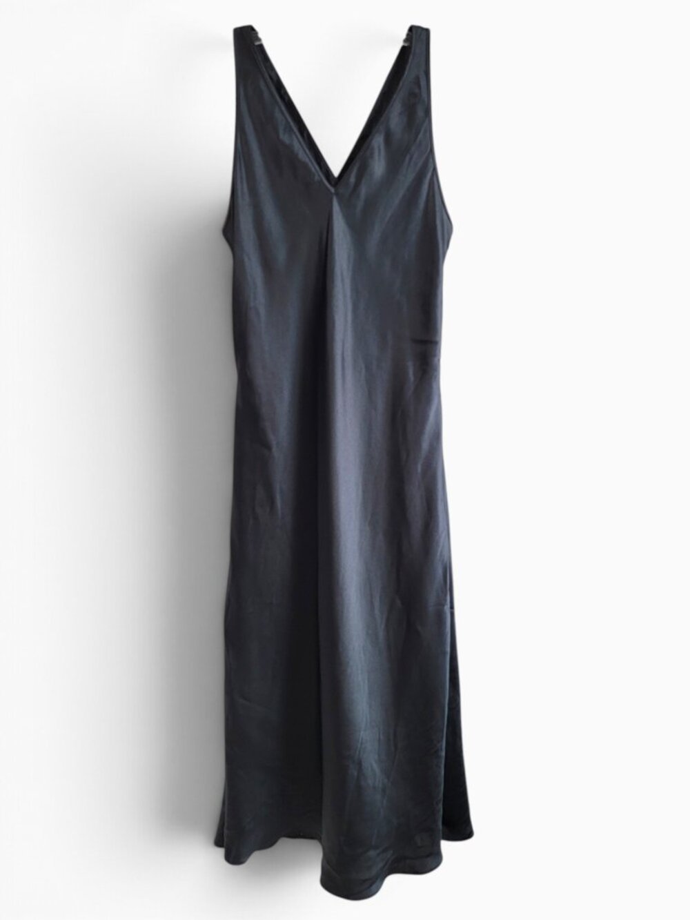 Jones New York M Black Satin Maxi Slip Dress V Neck Cross Back Double Side Slit